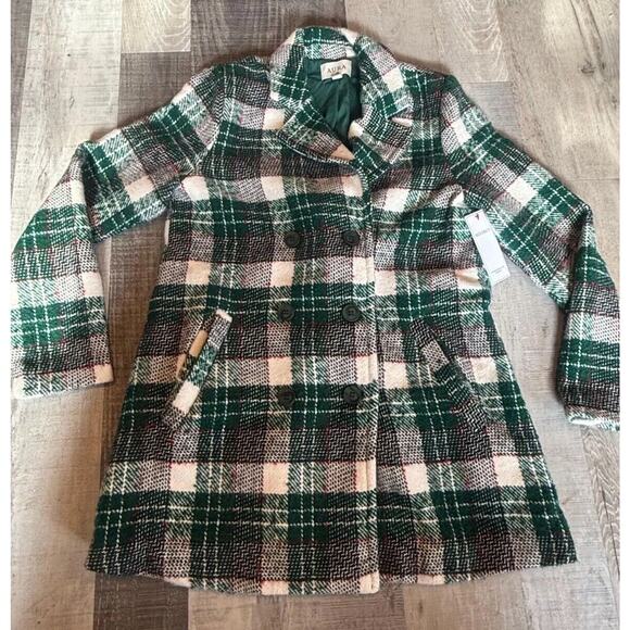 Aura Jackets & Blazers - AURA Coat Womens Size XS Green White Plaid Notch Lapel Double Breasted 6 Button